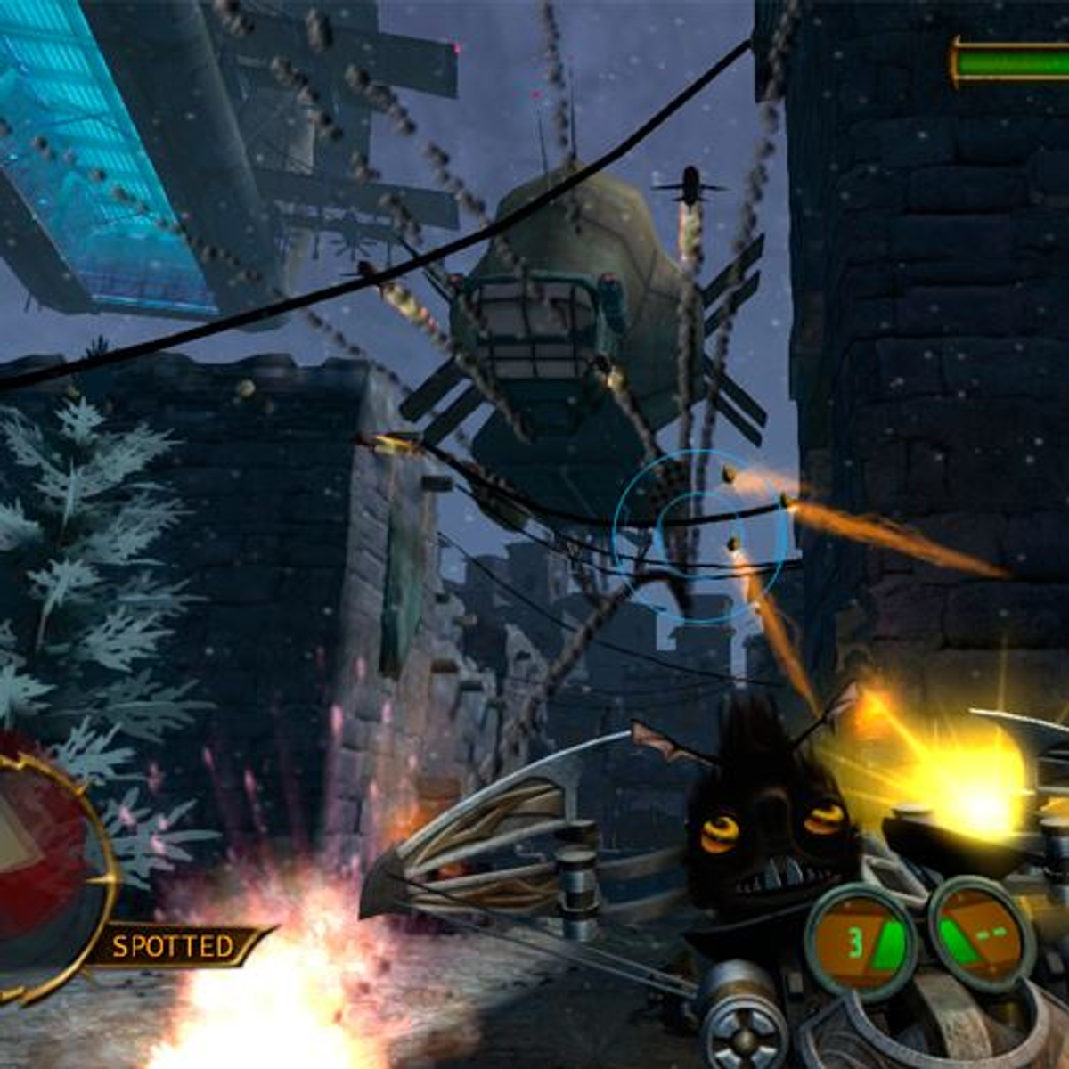 Una escena de juego con una gran aeronave y explosiones en una ciudad.
