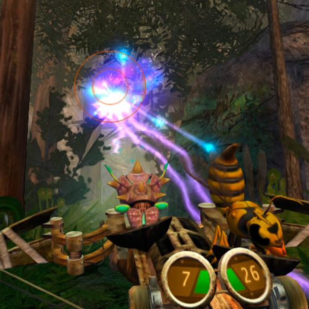 Una escena de videojuego con una criatura parecida a un insecto disparando un rayo en un bosque.