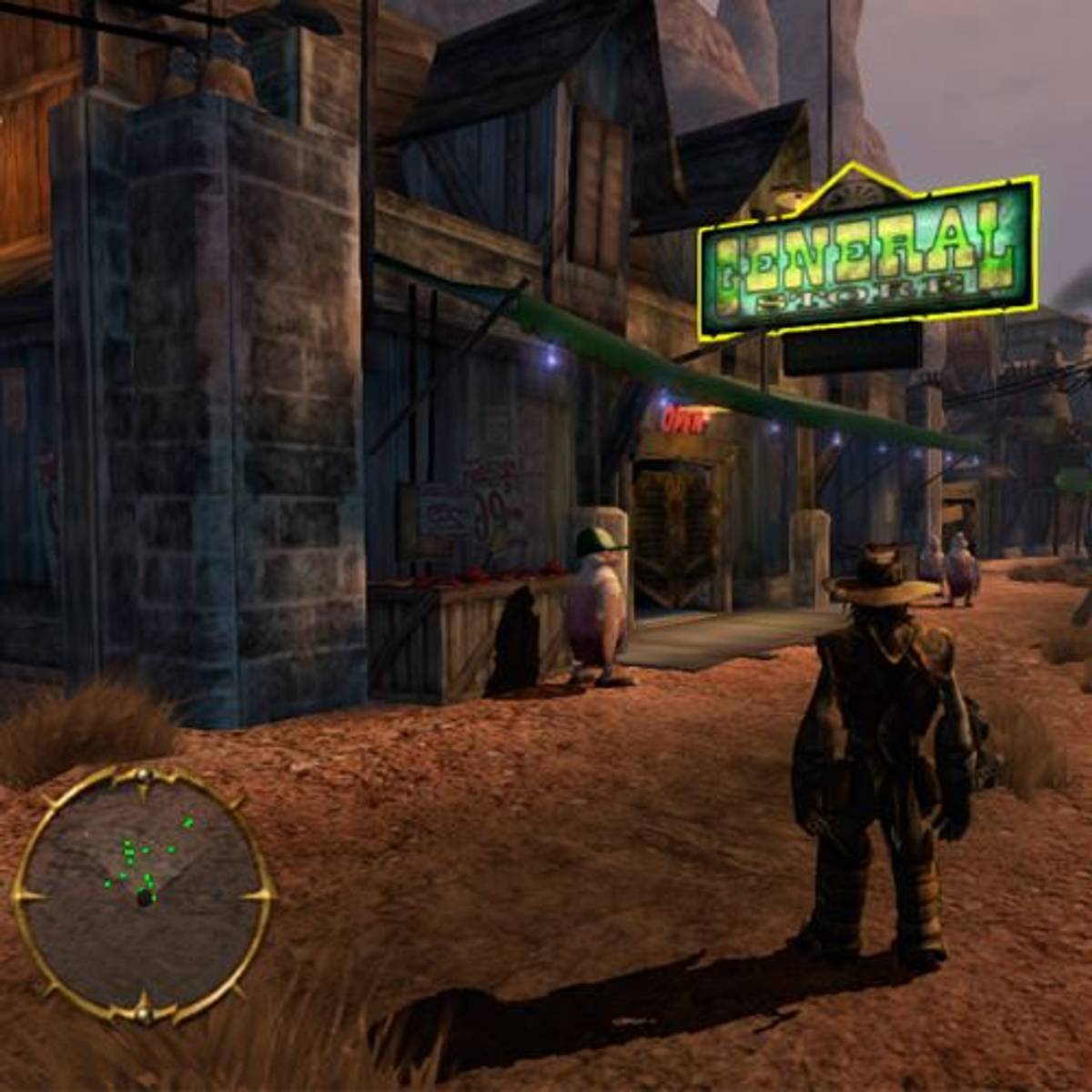 Escena de juego con personaje en pueblo del oeste. Cartel de tienda visible.