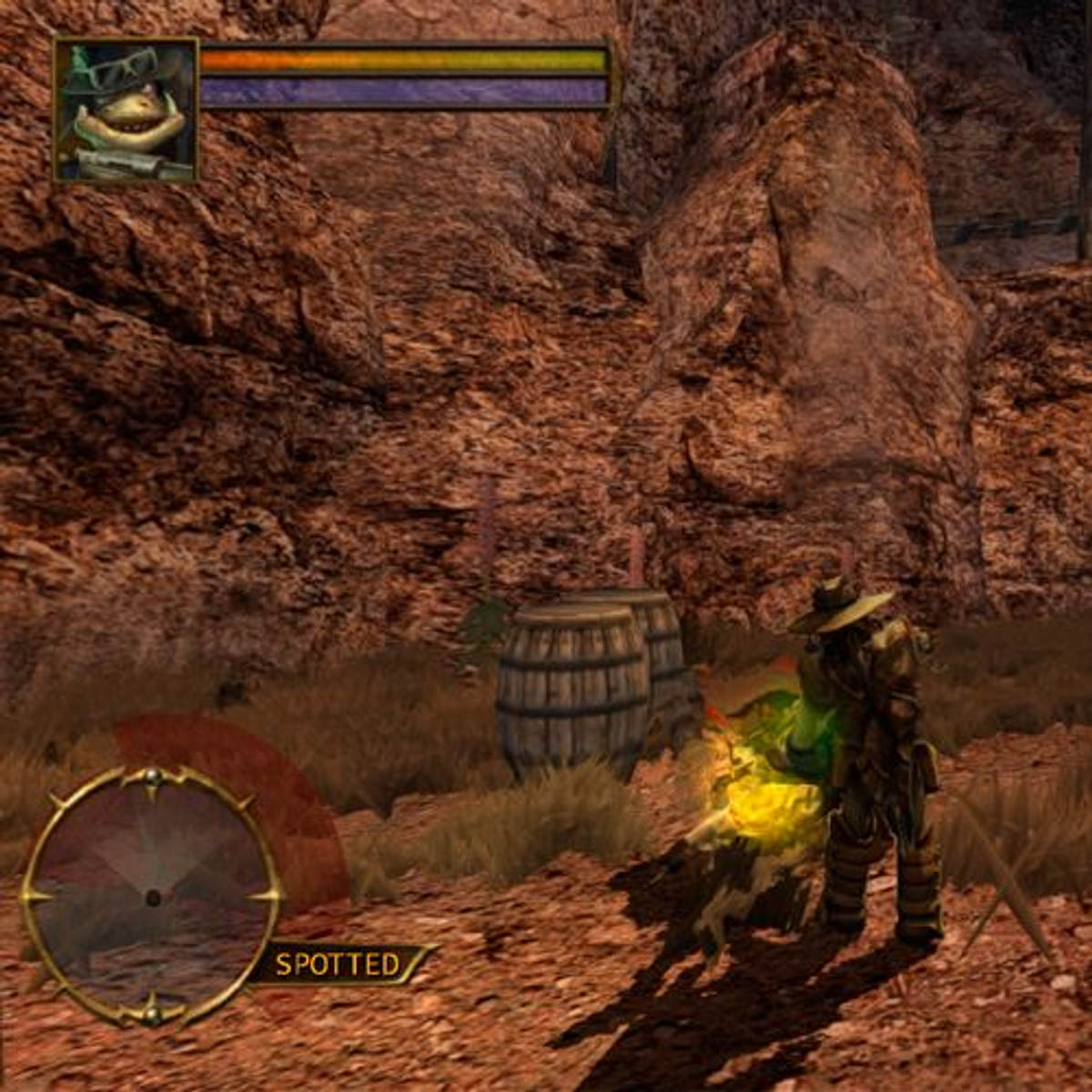 Una escena oscura y sombreada de un videojuego con dos pequeñas figuras cerca de una mesa.