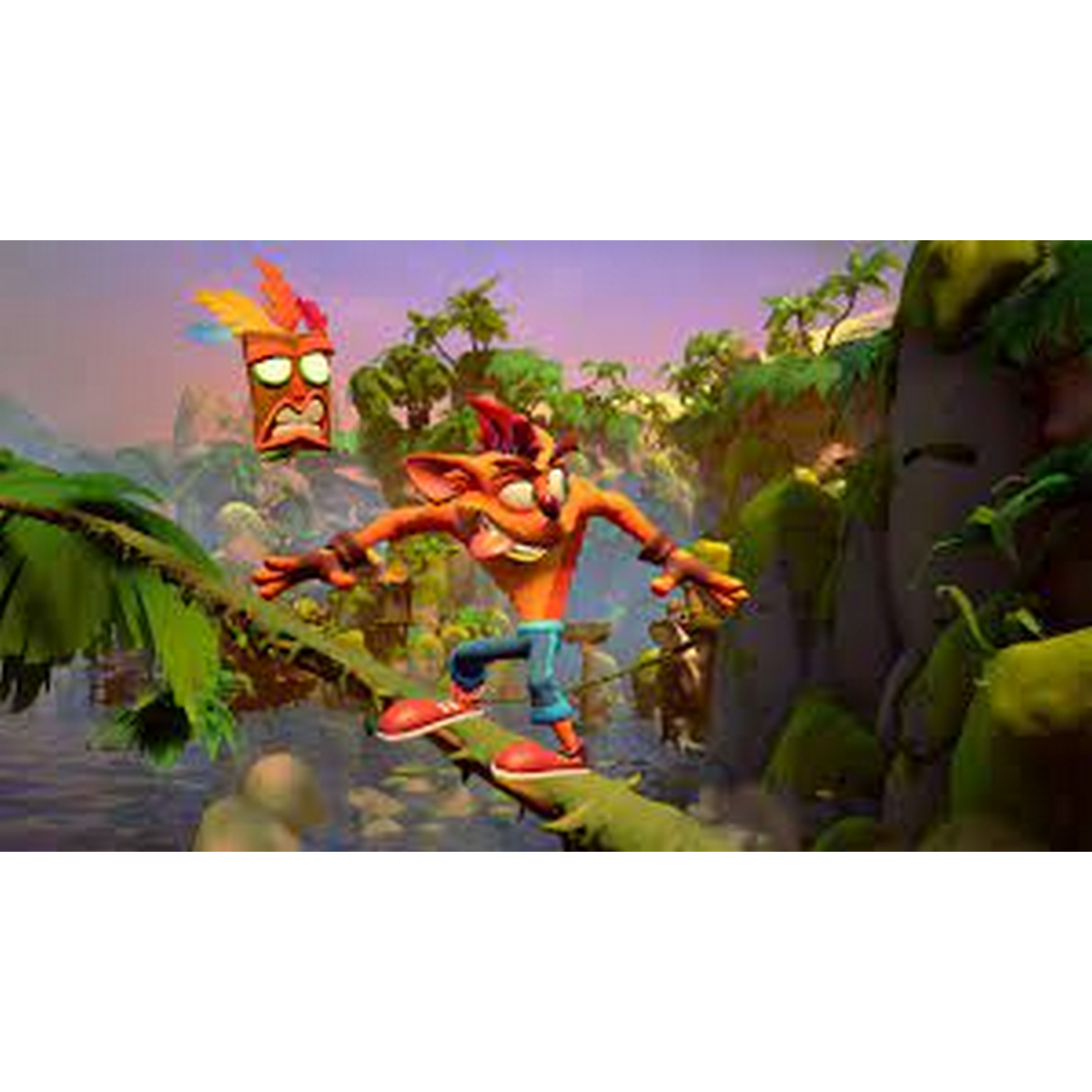 Crash Bandicoot in una scena della giungla, in piedi su un ramo, corpo arancione, jeans blu.