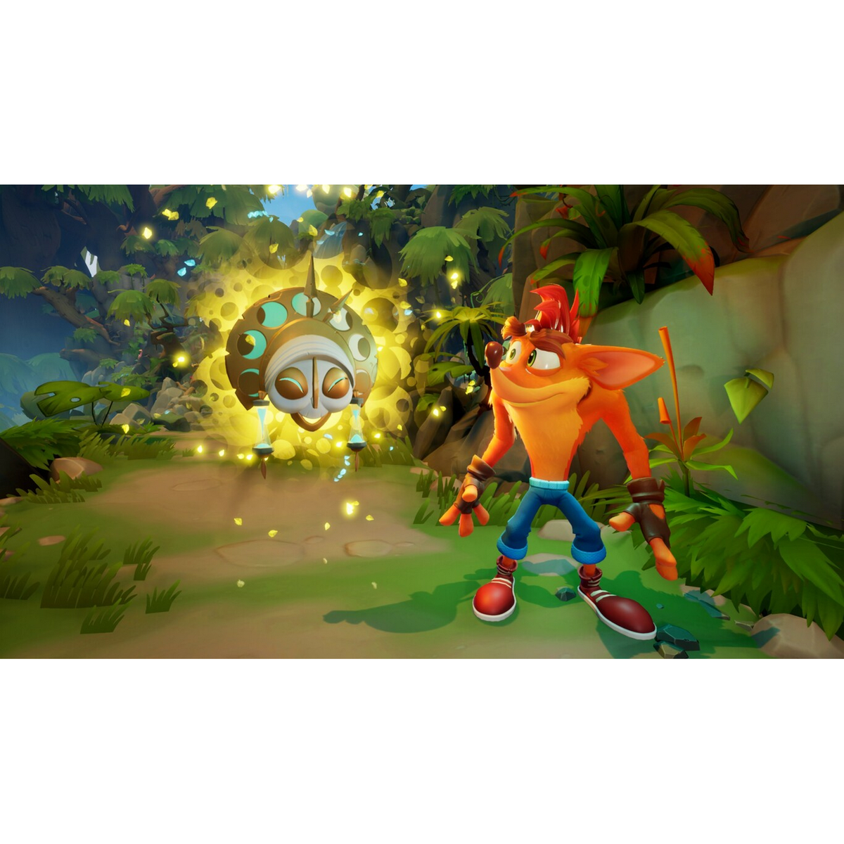 Scena del gioco Crash Bandicoot con un personaggio e un oggetto fluttuante.