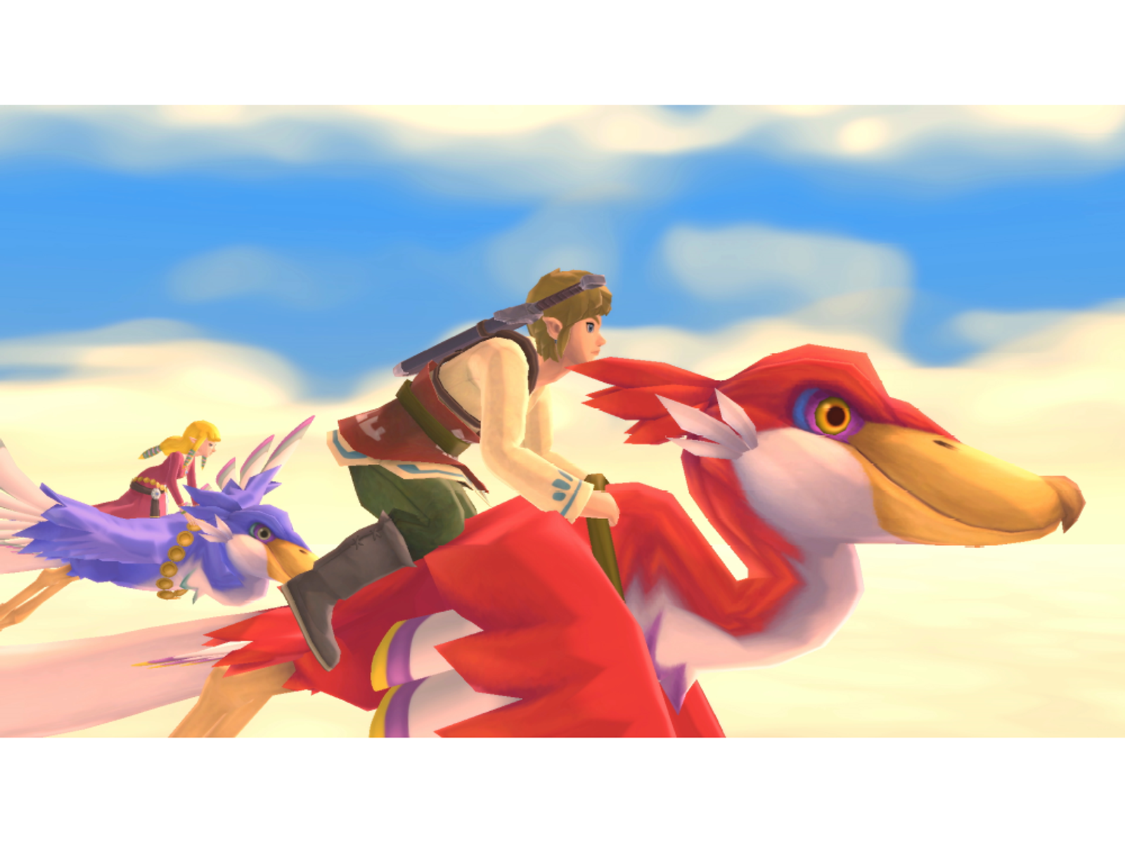 Personajes montan pájaros en un cielo azul. Link está en un pájaro rojo. Zelda monta un pájaro morado.