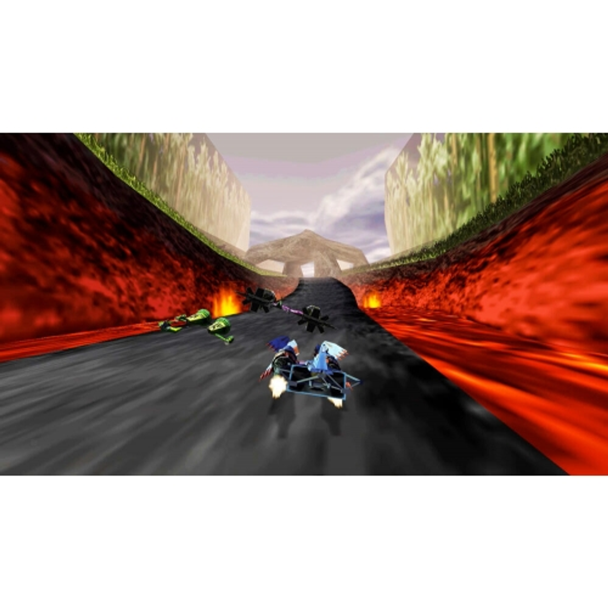 Scena wyścigu w kanionie wypełnionym lawą. Samochody ścigają się po czarnym torze, lawa po bokach.