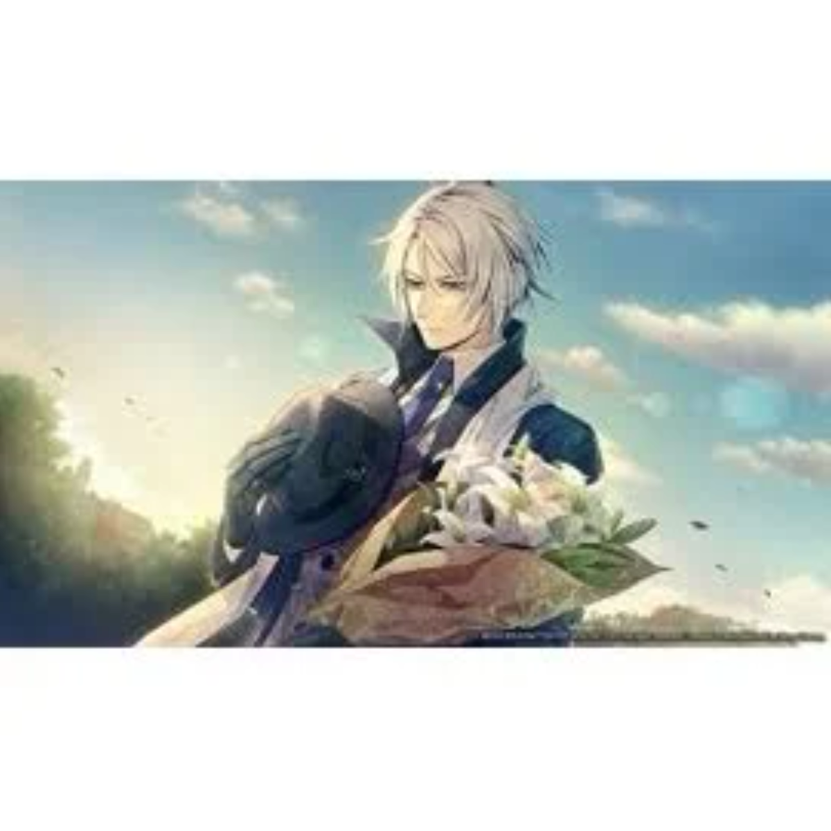 Ilustración estilo anime de un hombre con abrigo blanco sosteniendo flores.