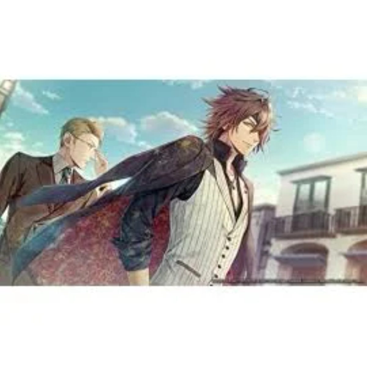 Dos personajes de anime en una escena callejera. Uno con chaqueta negra y otro con traje. Hay luz solar.