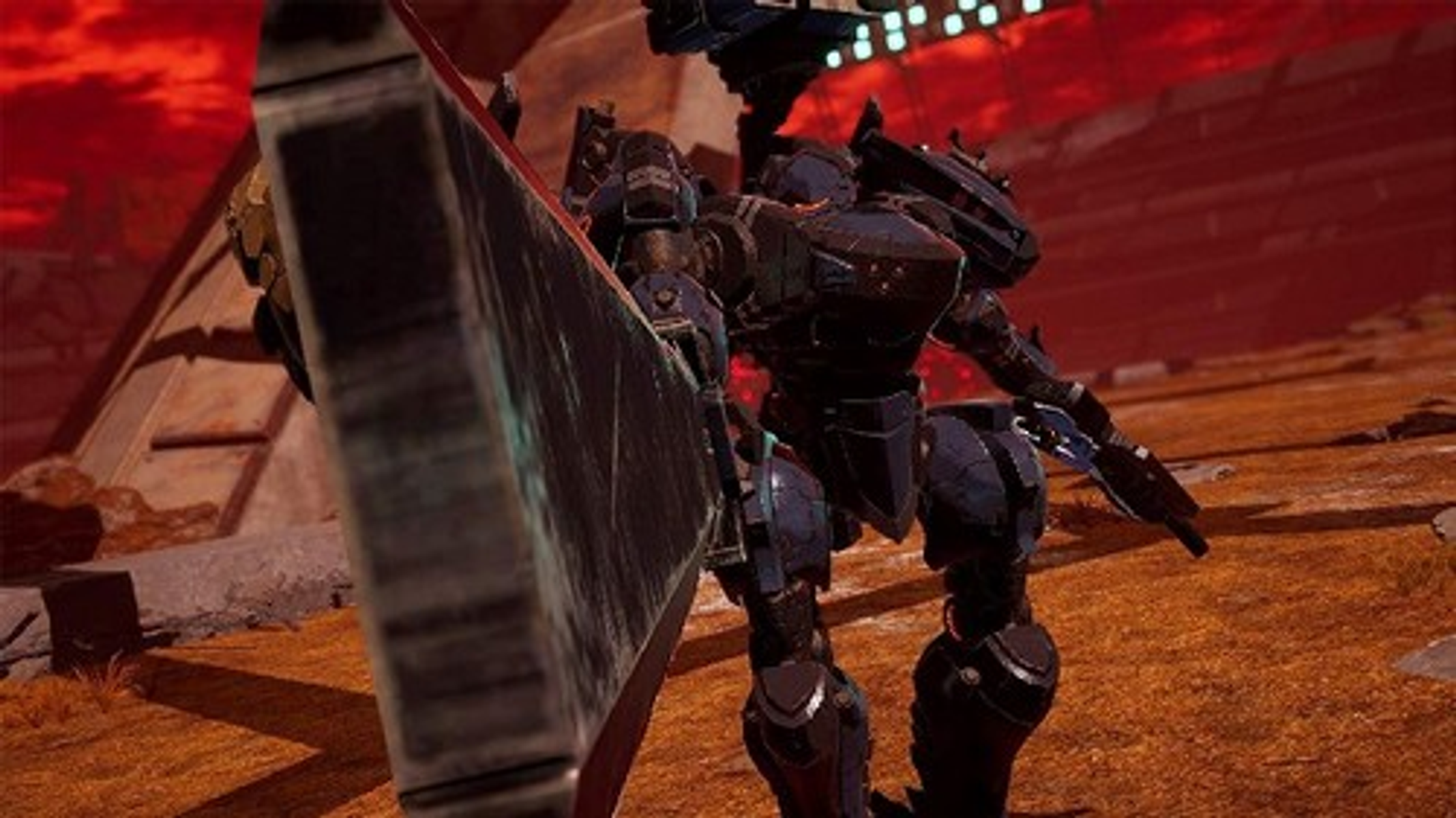 Robot mech z dużą ostrzem w scenerii pustynnej, czerwone niebo w tle.