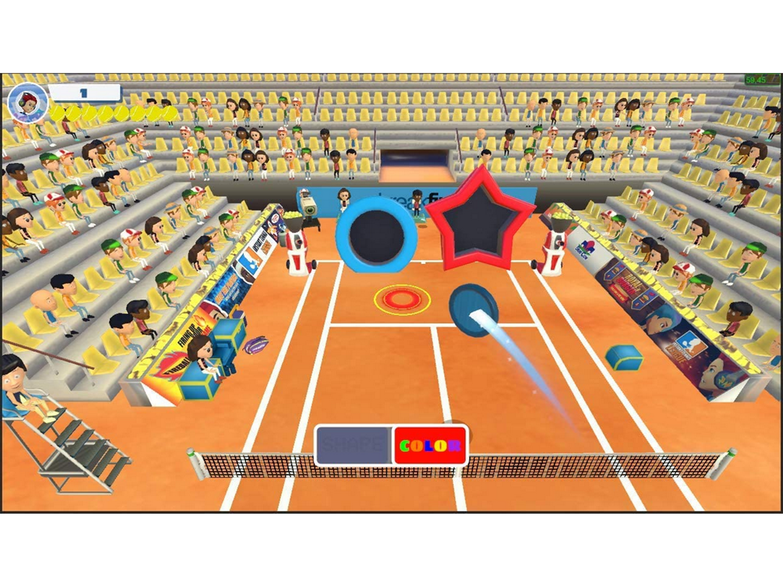 Scena gry w tenisa z zawodnikami, publicznością i siatką. Kolorowa z elementami gry.