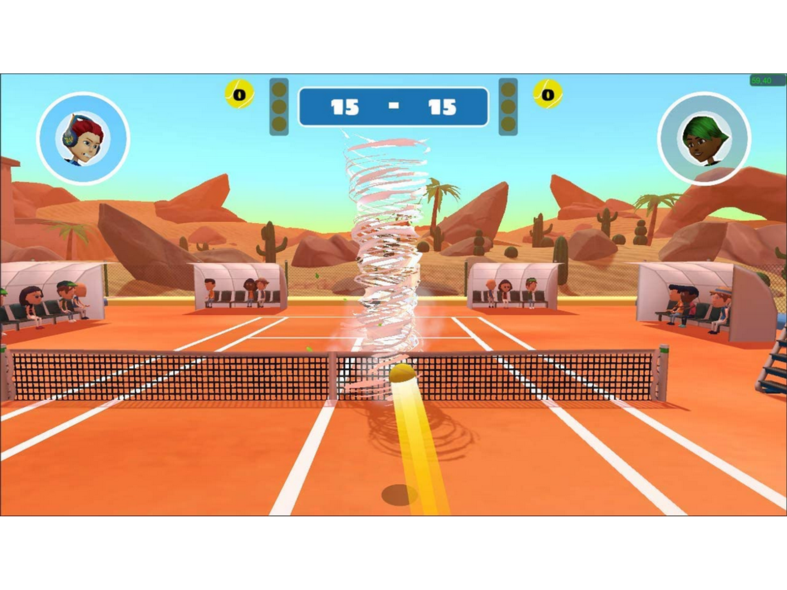 Gra w tenisa: Dwóch graczy z tornadem na czerwonym korcie.