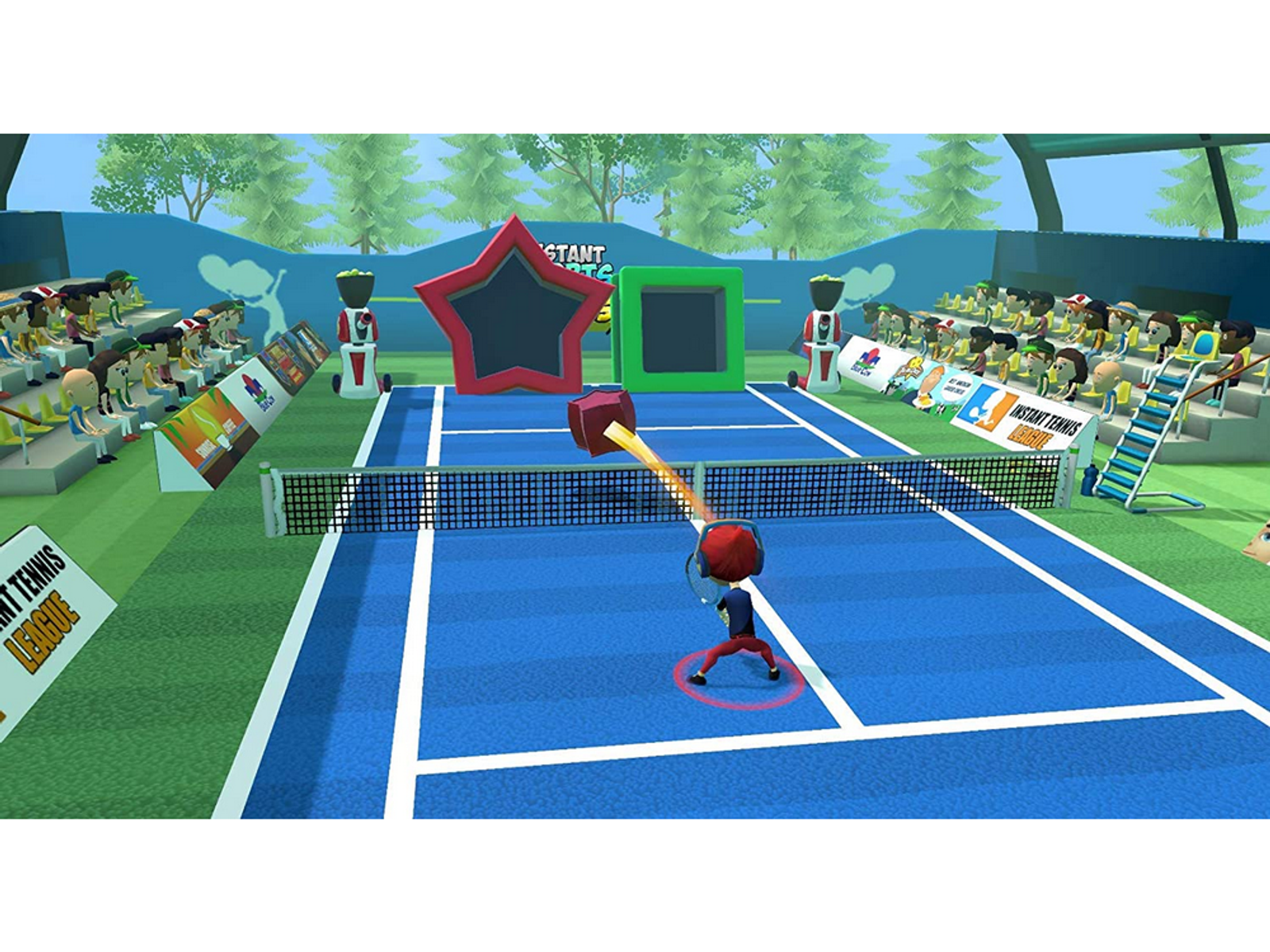 Animowana scena gry w tenisa, widoczni gracze, kort i tłum.