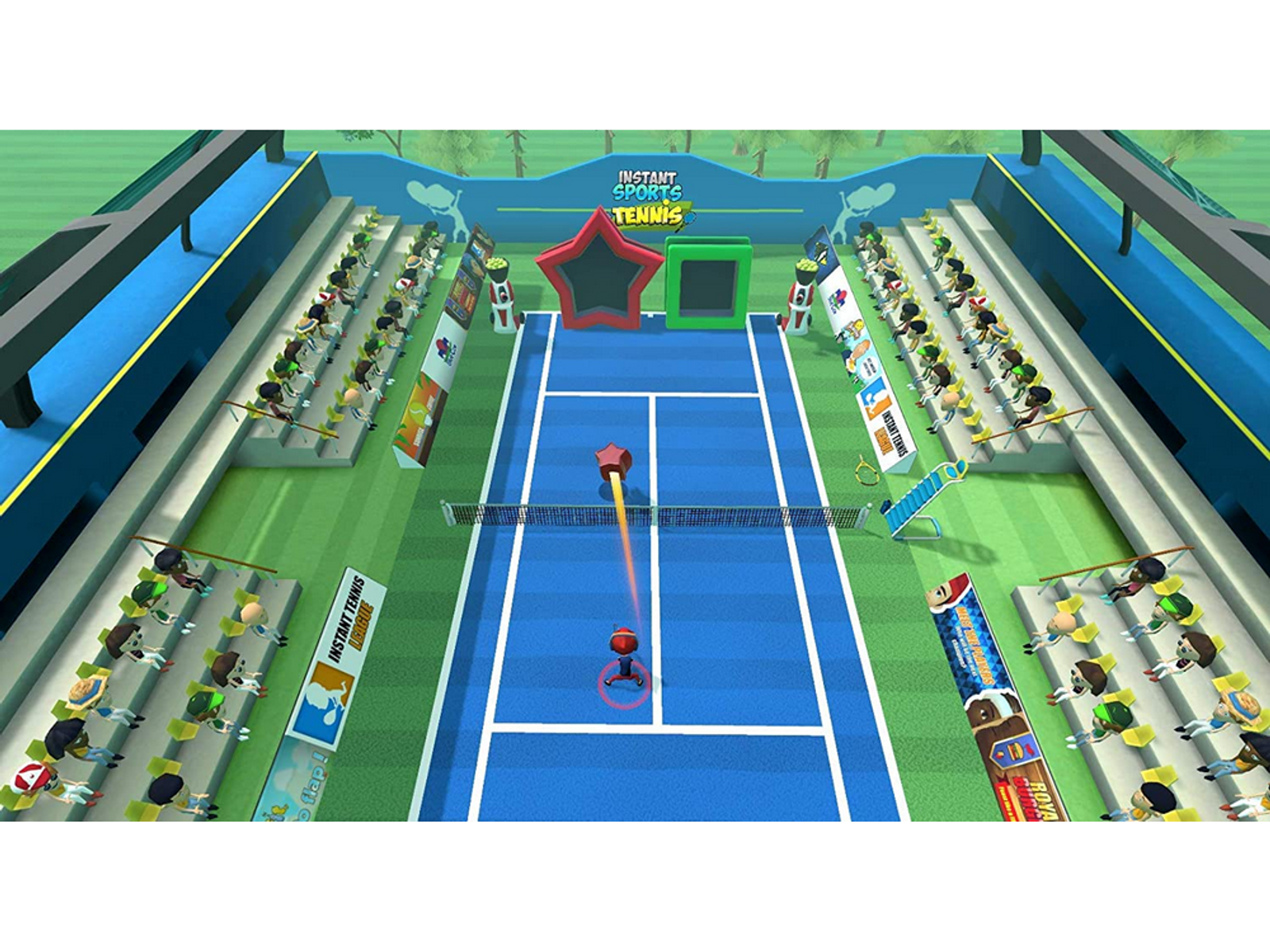 Scena z gry w tenisa z niebieskim kortem i osobą uderzającą piłkę.