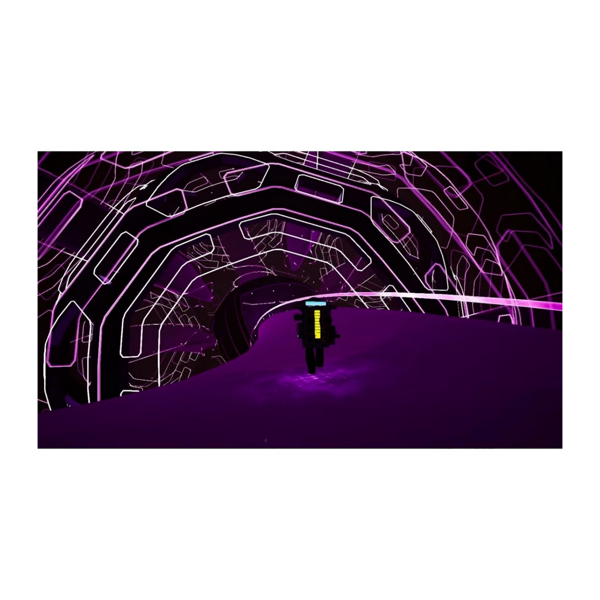 Tunnel futuristico con linee luminose. Una persona guida attraverso il tunnel.
