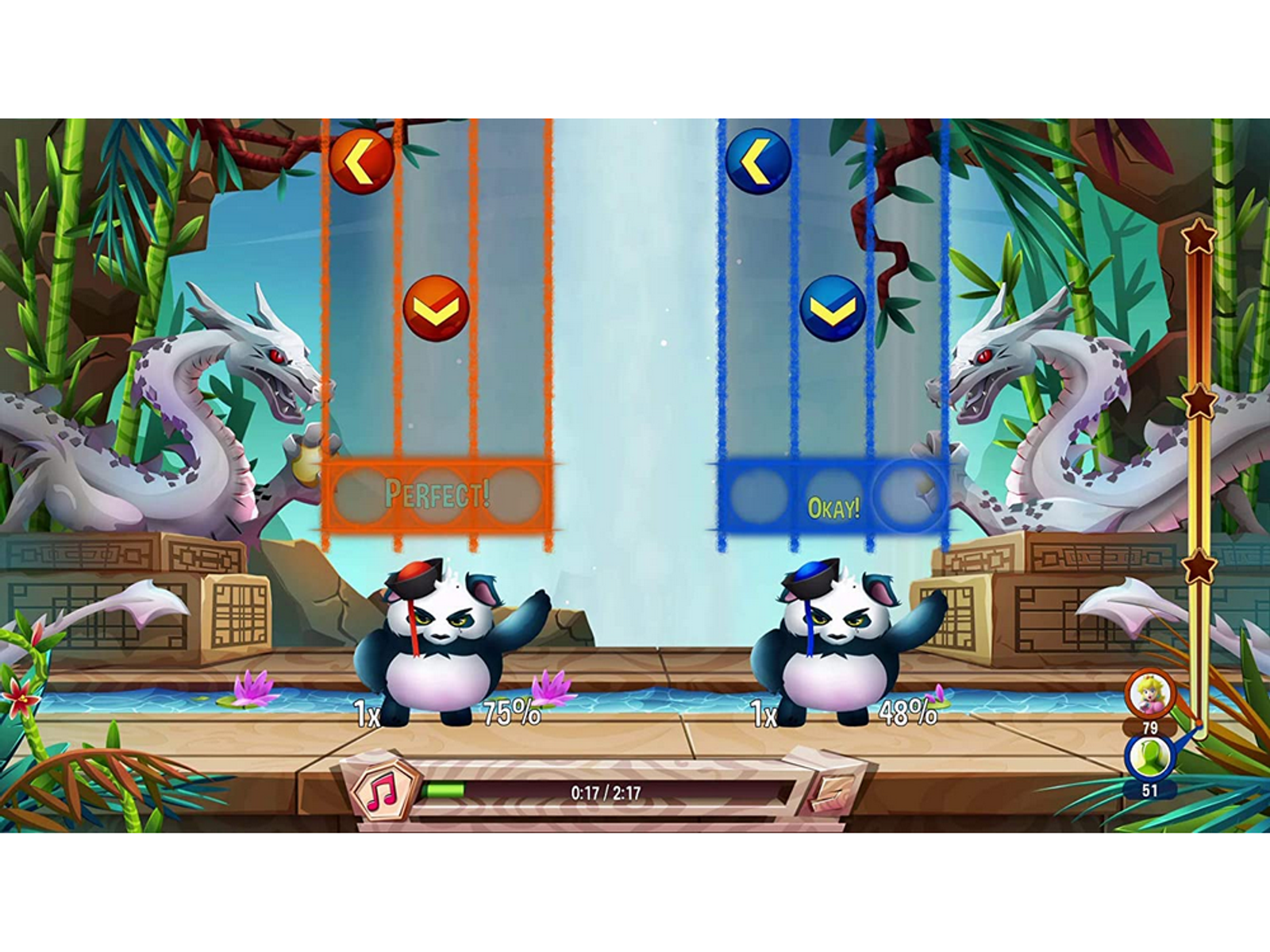 Dwie postacie pandy w scenie gry, ze strzałkami i słowami. Widoczne są Perfekt i Ok.