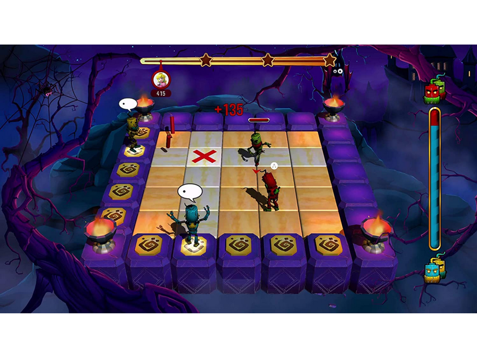 Scena z gry z postaciami na siatce, ogniem i licznikiem punktów.