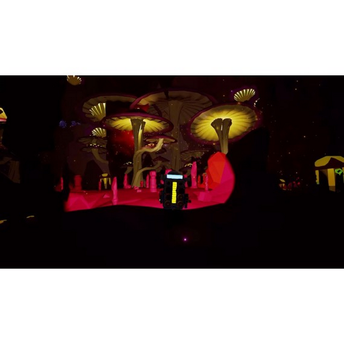 Scena oscura con funghi luminosi e un dispositivo centrale, in un ambiente di gioco.