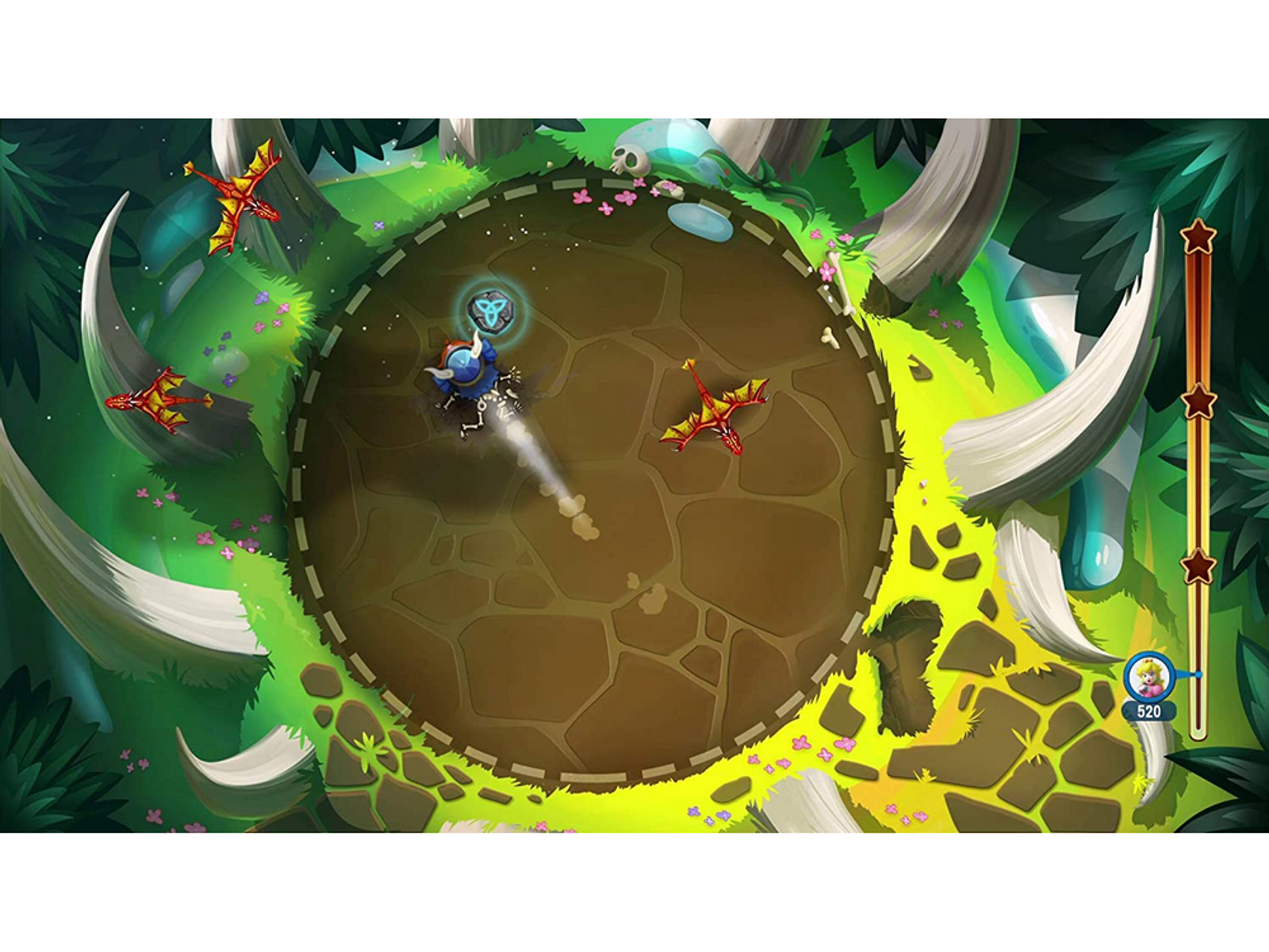 Widok z góry na scenę z gry. Postać walczy ze smokami na okrągłej ziemi.