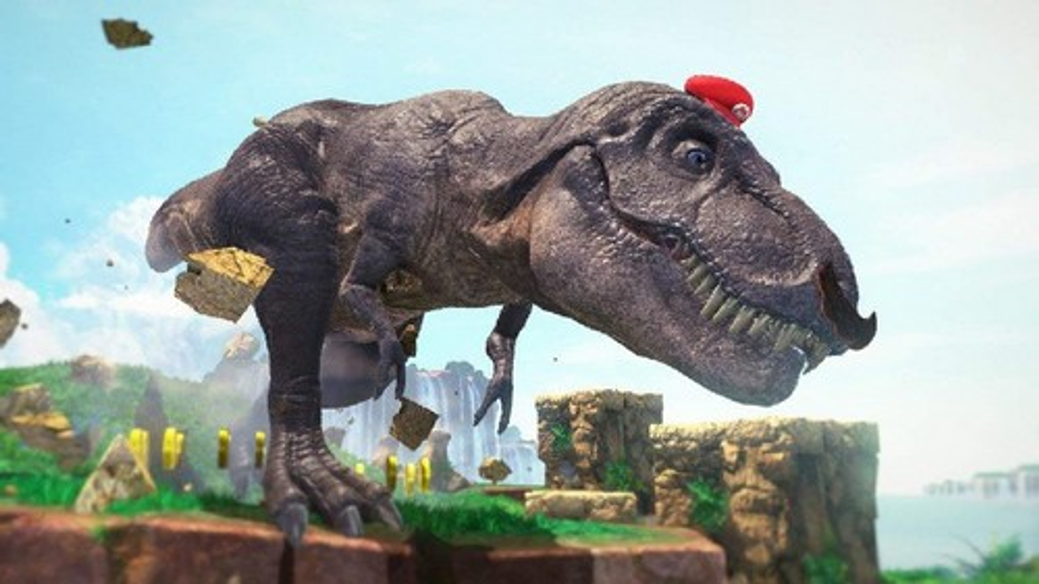 T-Rex w czerwonym kapeluszu, stojący na skale z niebieskim niebem i wodospadem w tle.