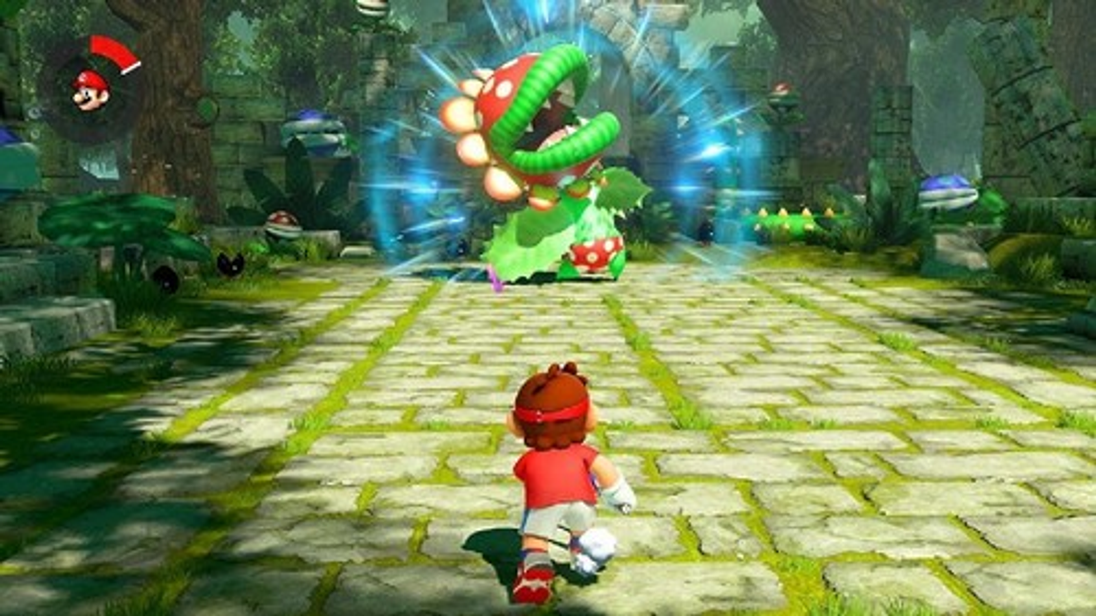 Una scena di videogioco con Mario di fronte a una grande pianta Piranha in un ambiente forestale.