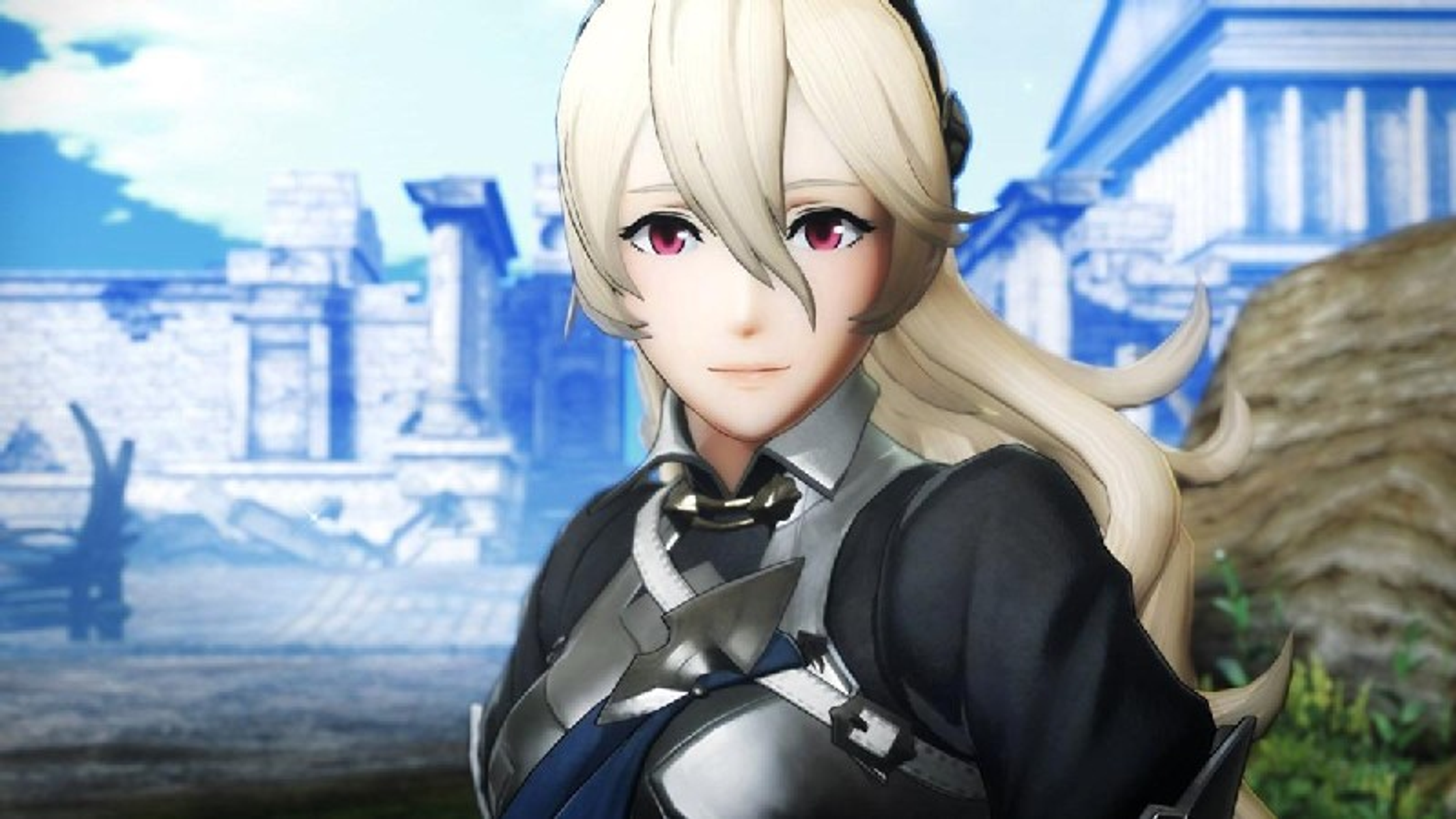 Un personaje femenino de Fire Emblem, cabello rubio, mirando al espectador con una ligera sonrisa.