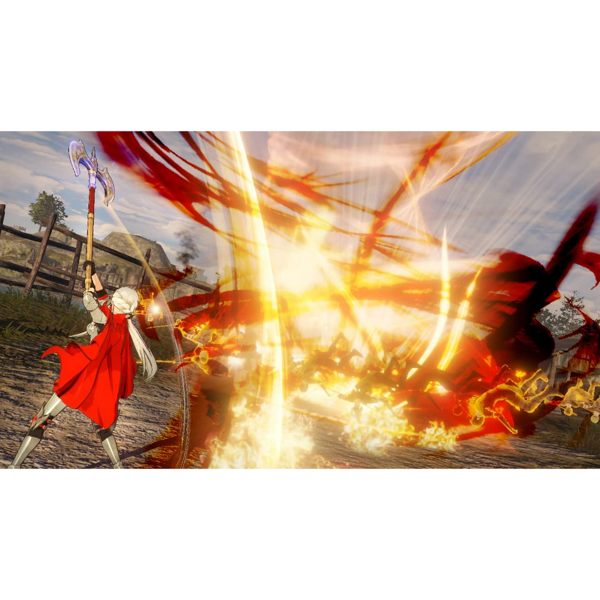 Escena de juego con un personaje empuñando un hacha en una batalla. Efectos de fuego y otras figuras están presentes.