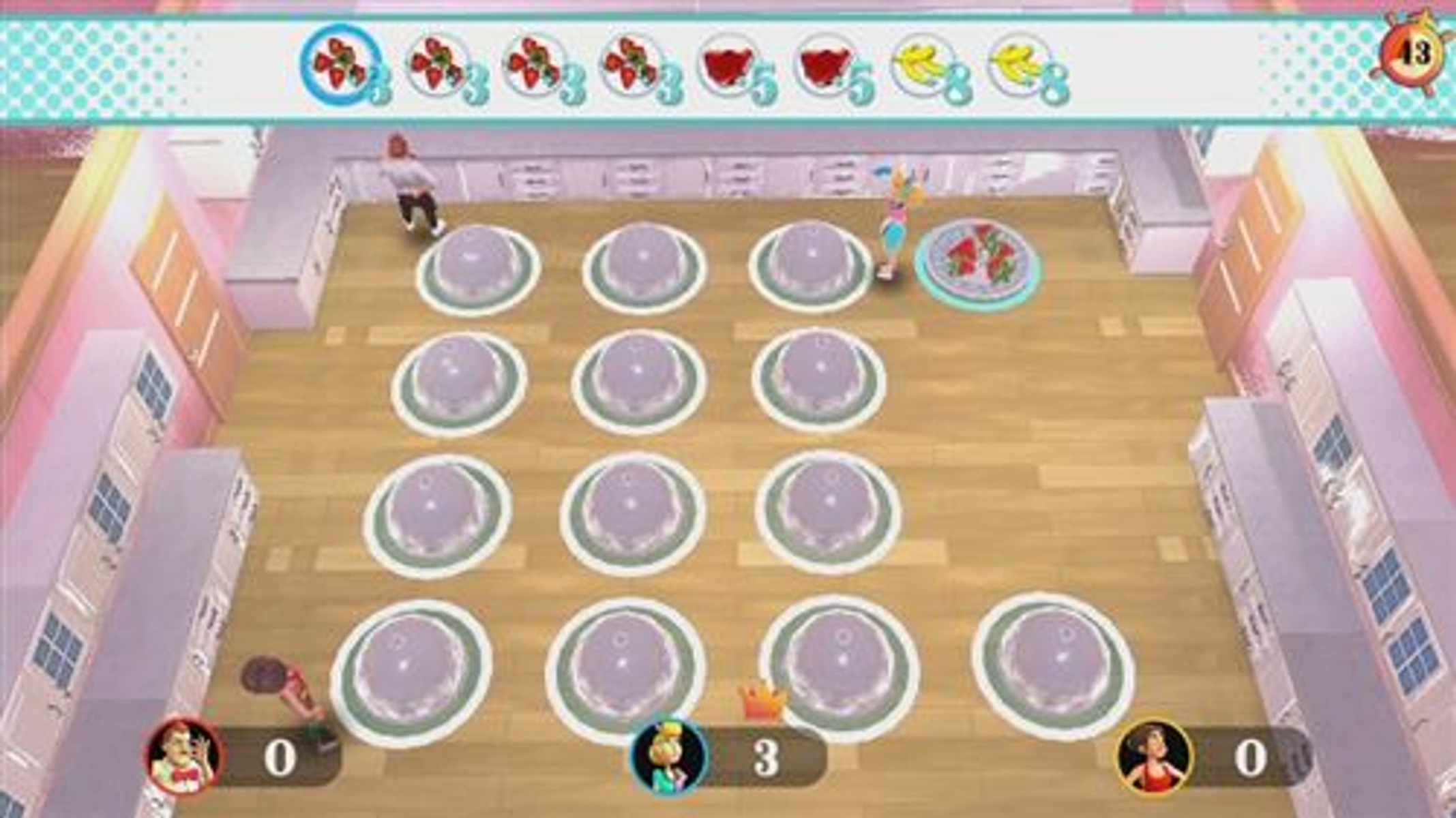 Spielbildschirm mit Personen, Lebensmitteln und Punkteanzeigen.