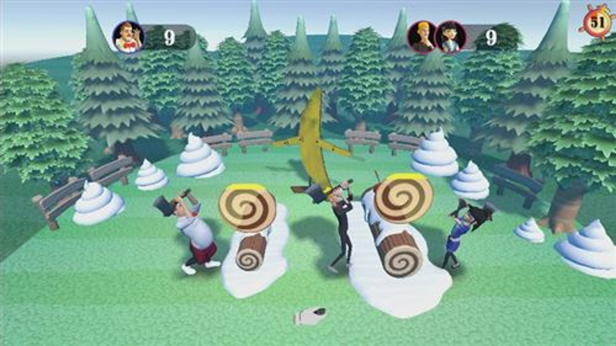 Eine Spielszene mit Zeichentrickfiguren, Schnee, Bäumen und einer Banane.