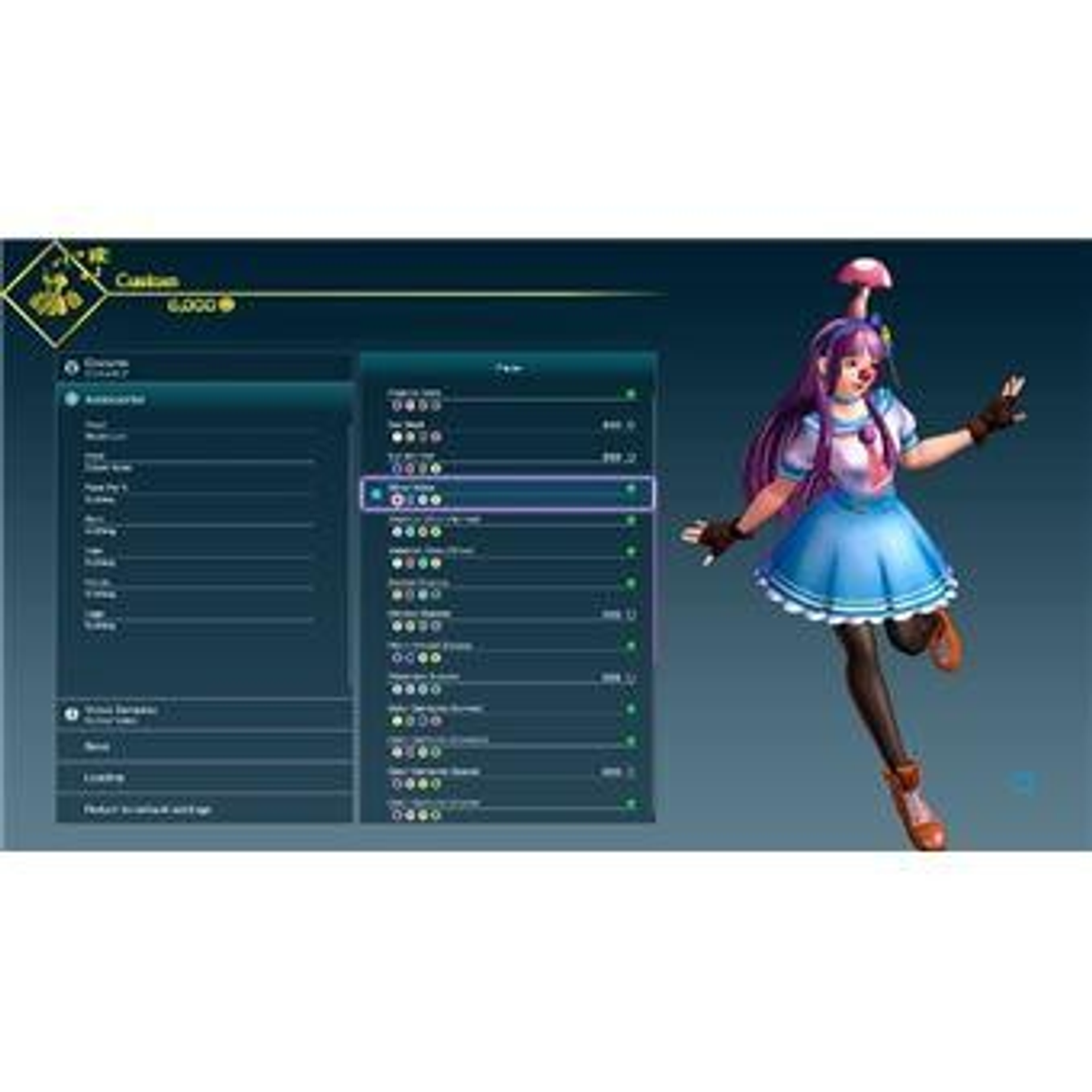 Ekran personalizacji postaci w grze. Żeńska postać anime z widocznymi opcjami menu.