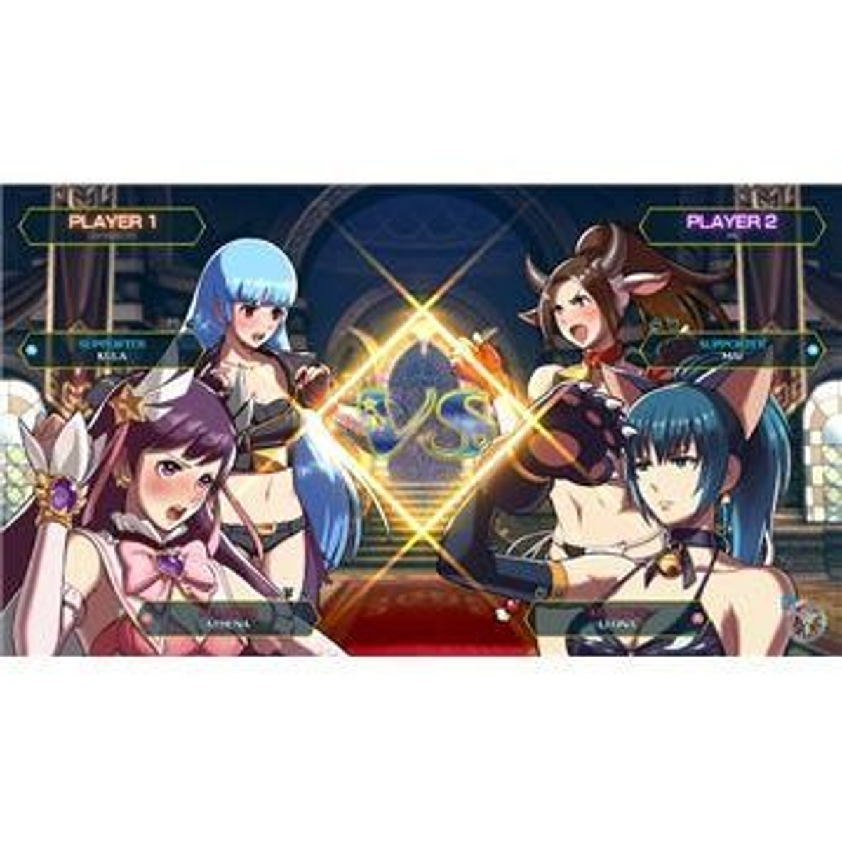 Gra walki anime z czterema postaciami żeńskimi. Dwie stoją naprzeciwko siebie w centrum.