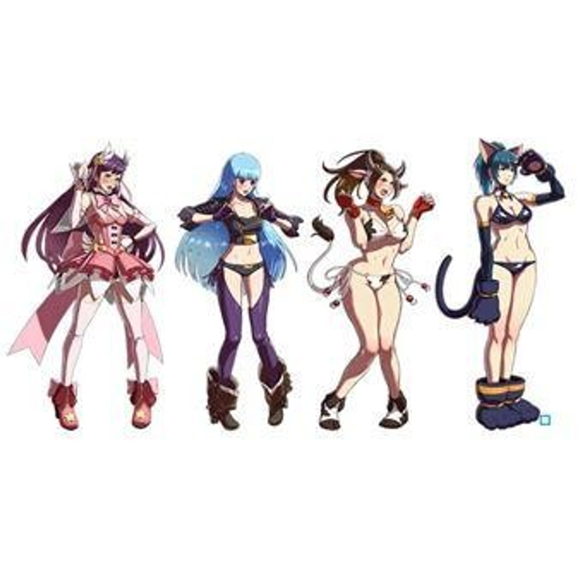 Cztery postacie z anime pozują. Każda postać w innej pozie. Na białym tle.