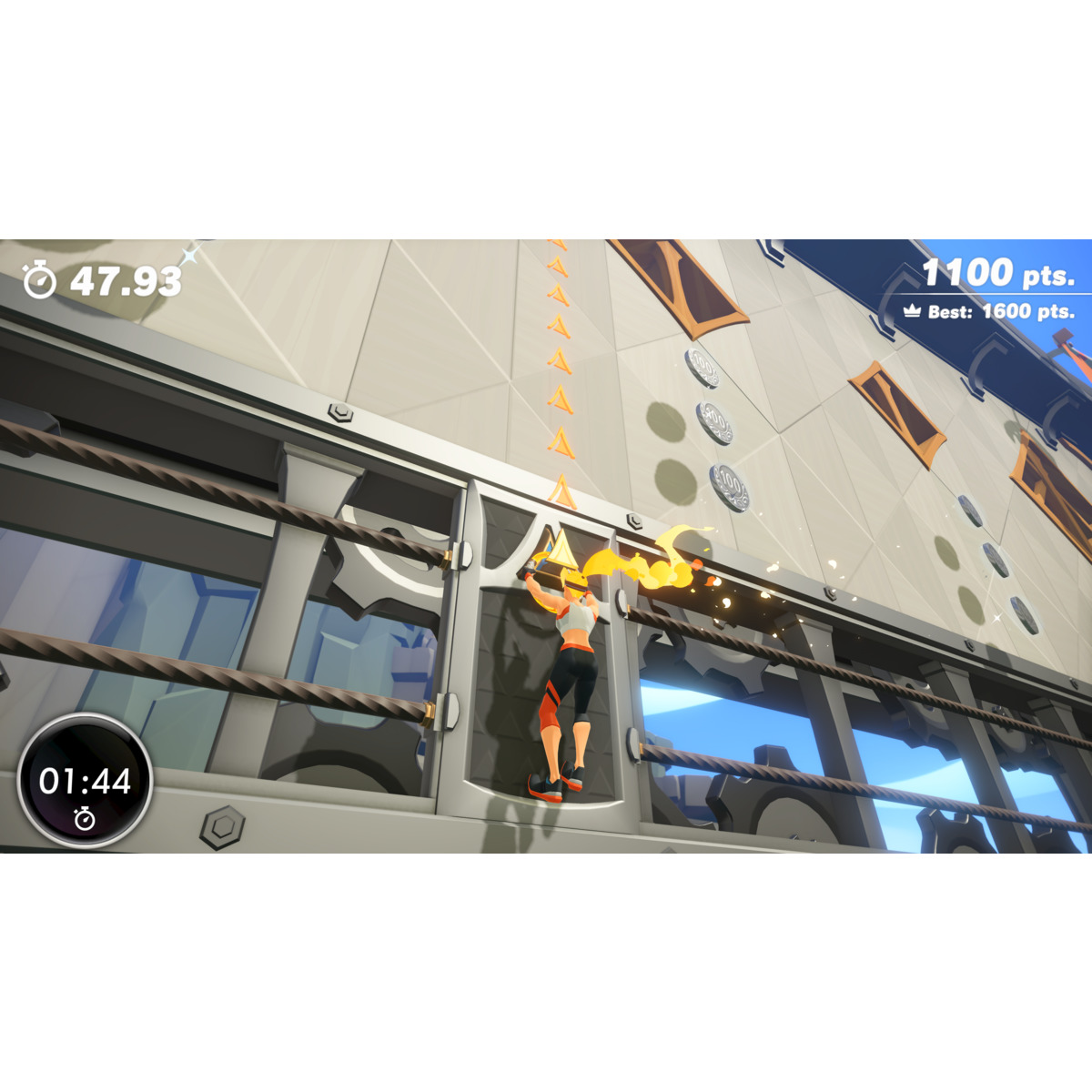 Video game interface. Het personage beklimt een muur. De tijd is 47,93.