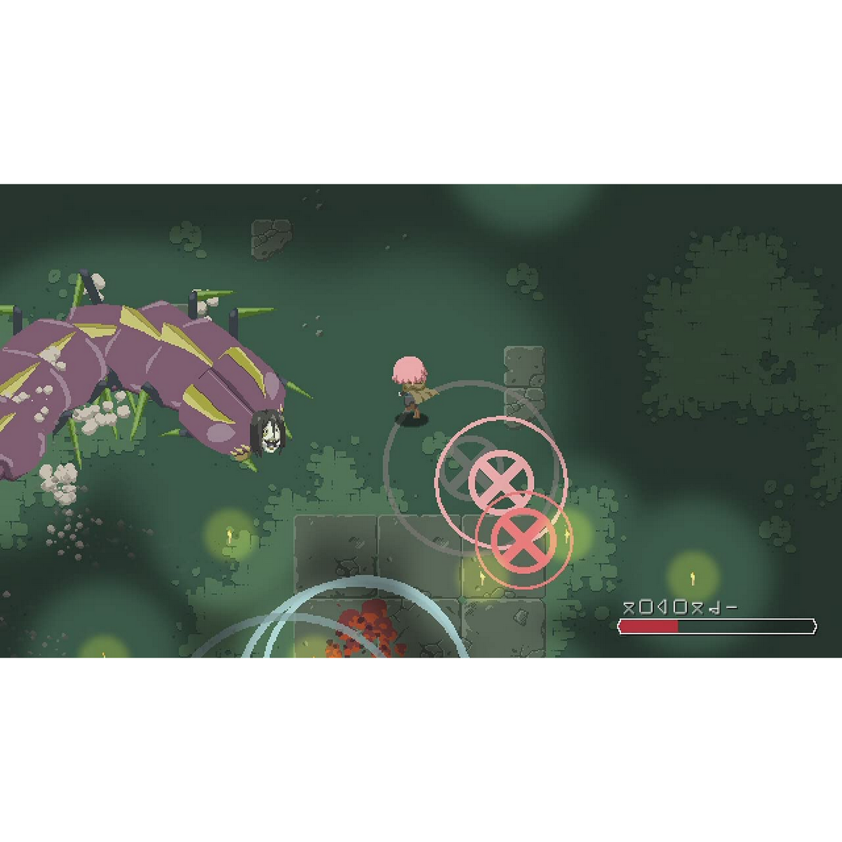 Scena z gry. Postać walczy z potworem różowymi atakami w kształcie krzyży.