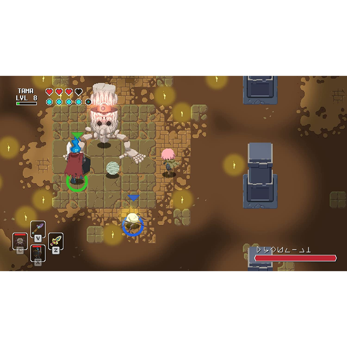 Ekran gry w pikselach. Postacie walczą. Widok z góry. Schemat kolorów brązowy i jasnobrązowy.