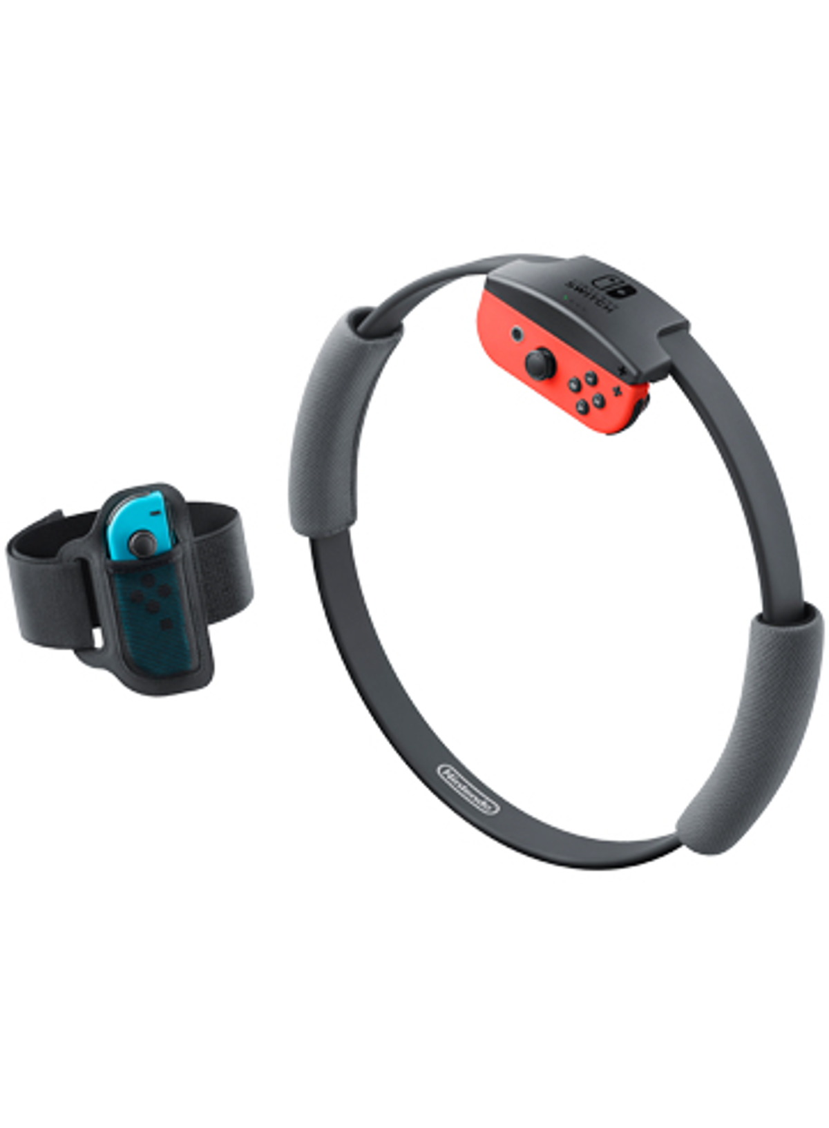 Een zwart en rood Nintendo Ring-Con fitnessapparaat en een beenband.