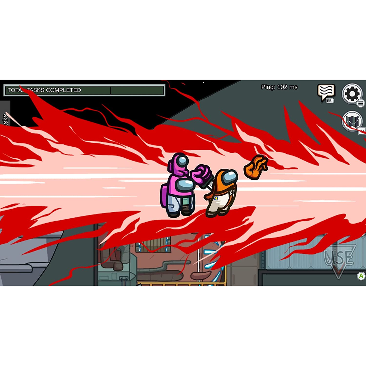 Dos personajes de Among Us, uno rosa, otro naranja, en una escena del juego.