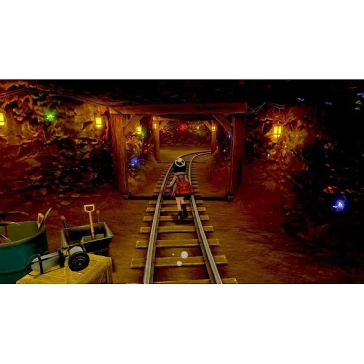 Scena z gry wideo, w której osoba idzie po torach w kopalni.