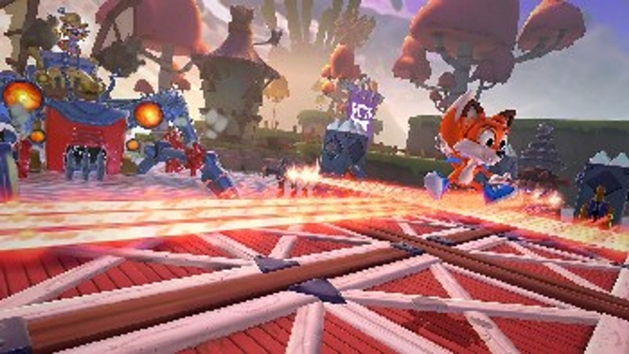 Personaggio volpe che corre su un palco di gioco, con altri elementi di gioco.
