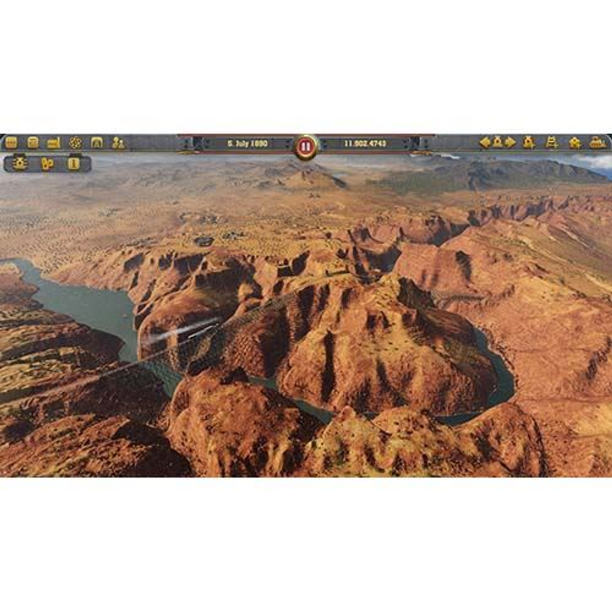 Una escena de juego con un cañón. La escena muestra un río, acantilados y un cielo con nubes.