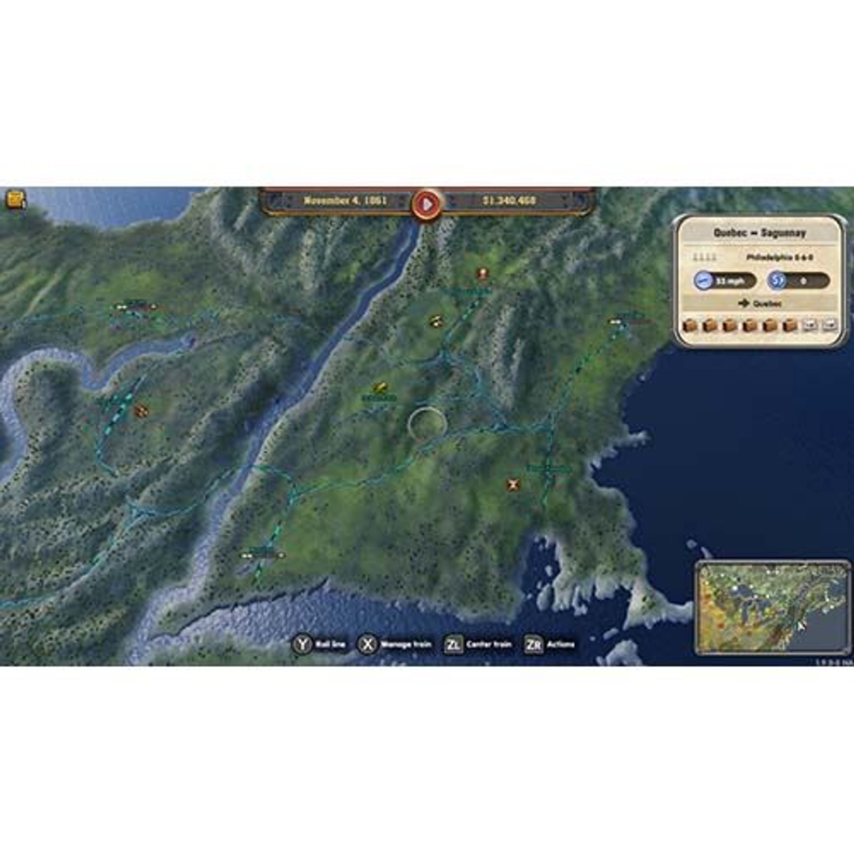 Un mapa del este de EE. UU. con rutas resaltadas y cuadros de información para un juego.