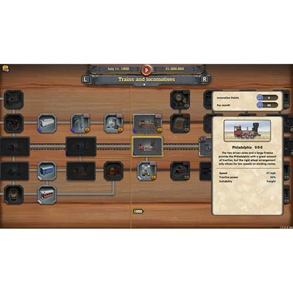 Interfaz de juego que muestra diseños de trenes y locomotoras con puntos de innovación y estadísticas.