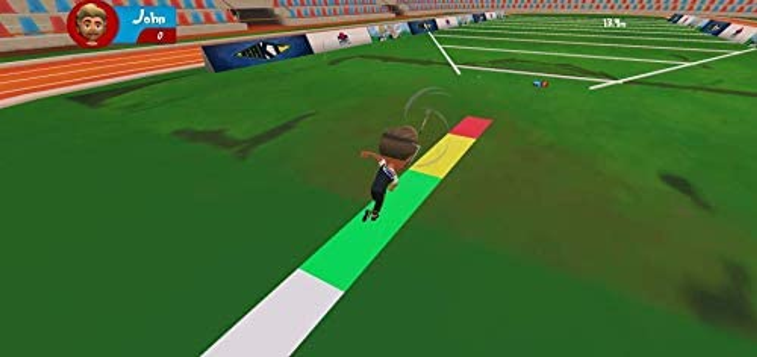 Un atleta dei cartoni animati su una pista verde. Un corridore è a metà falcata. Il tabellone mostra un nome e un punteggio.