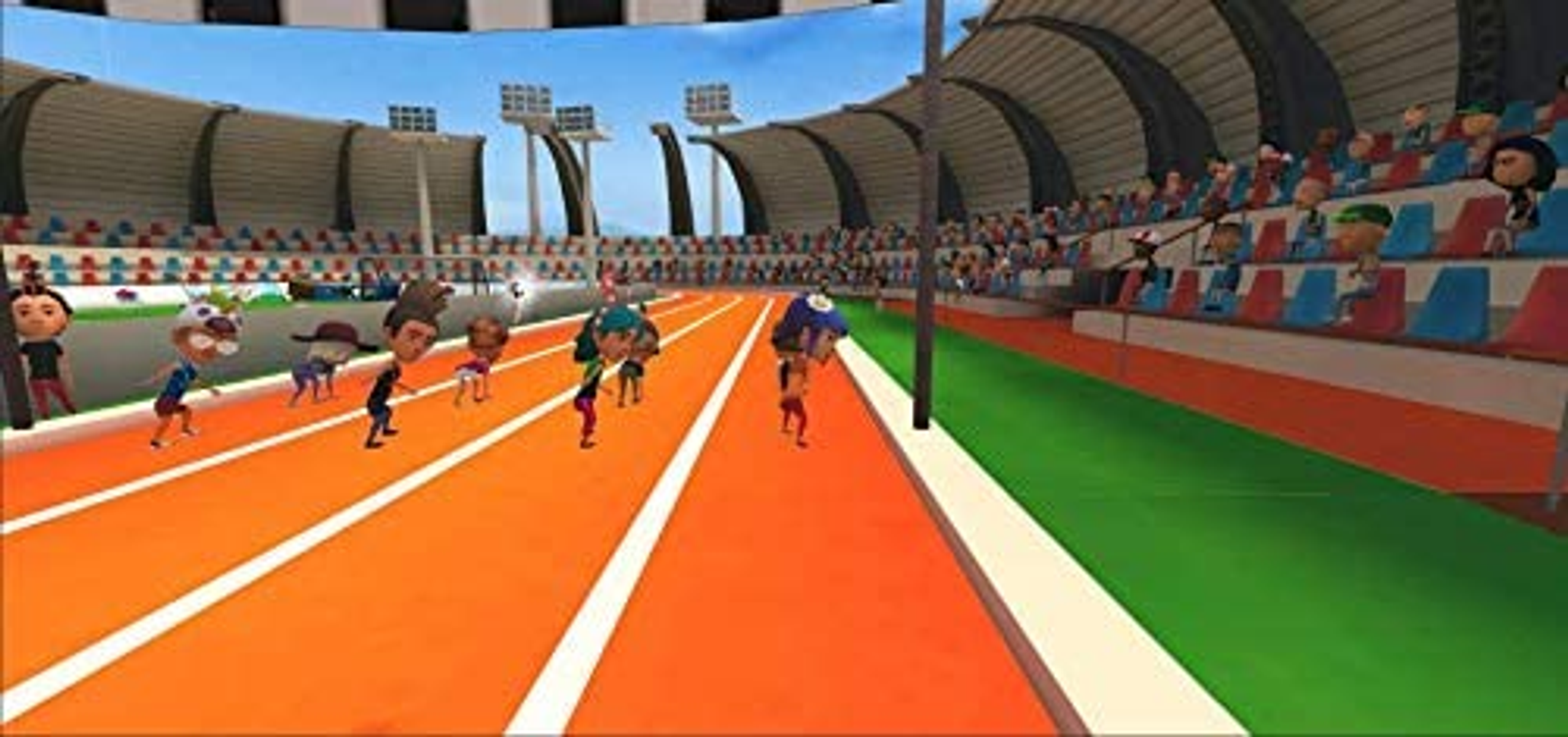 Una corsa a fumetti in uno stadio. Corridori su una pista arancione, con spettatori sugli spalti.