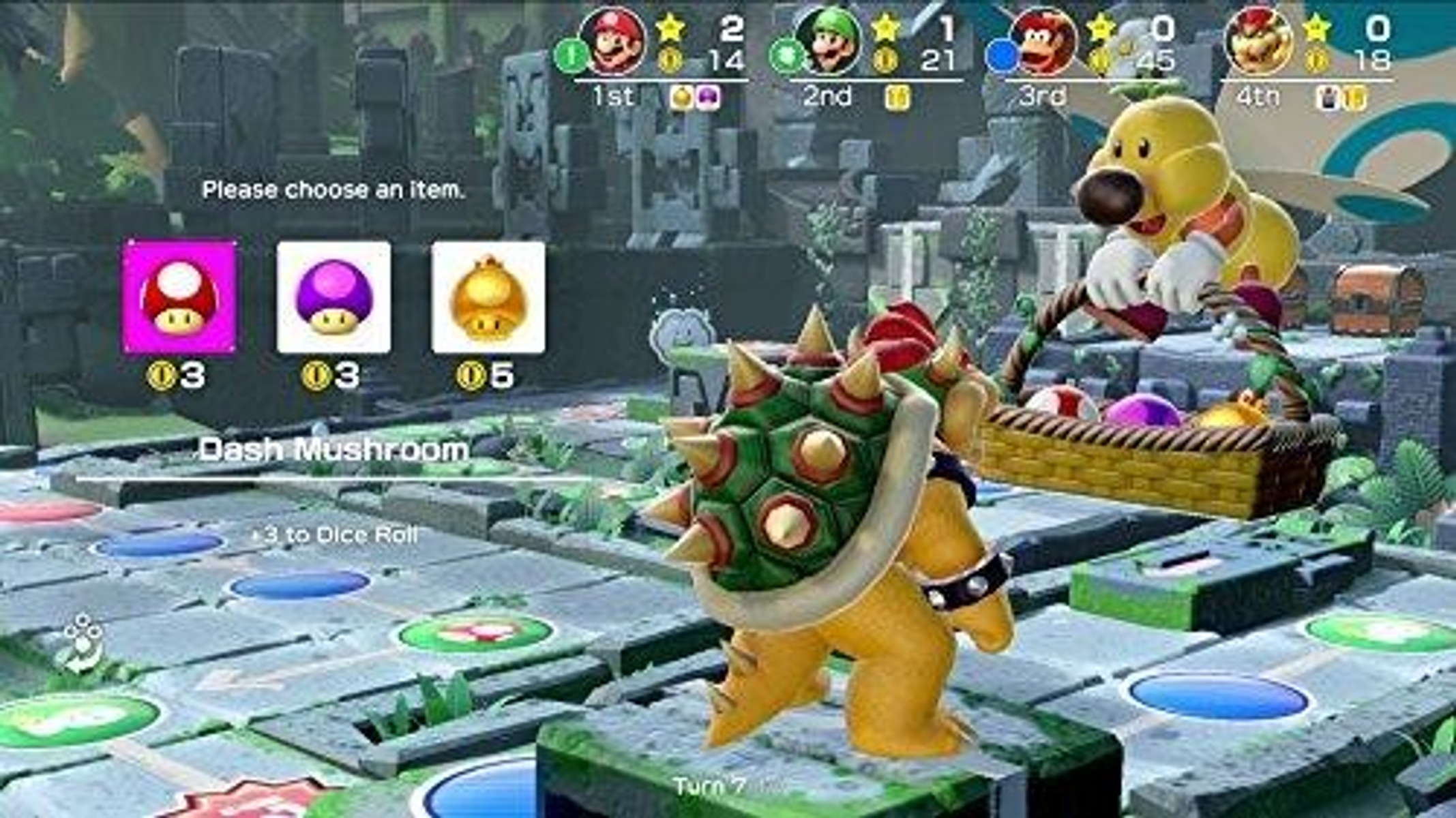 Ekran gry Mario Party. Postać Bowsera, inni gracze z tablicami wyników i przedmiotami w grze.