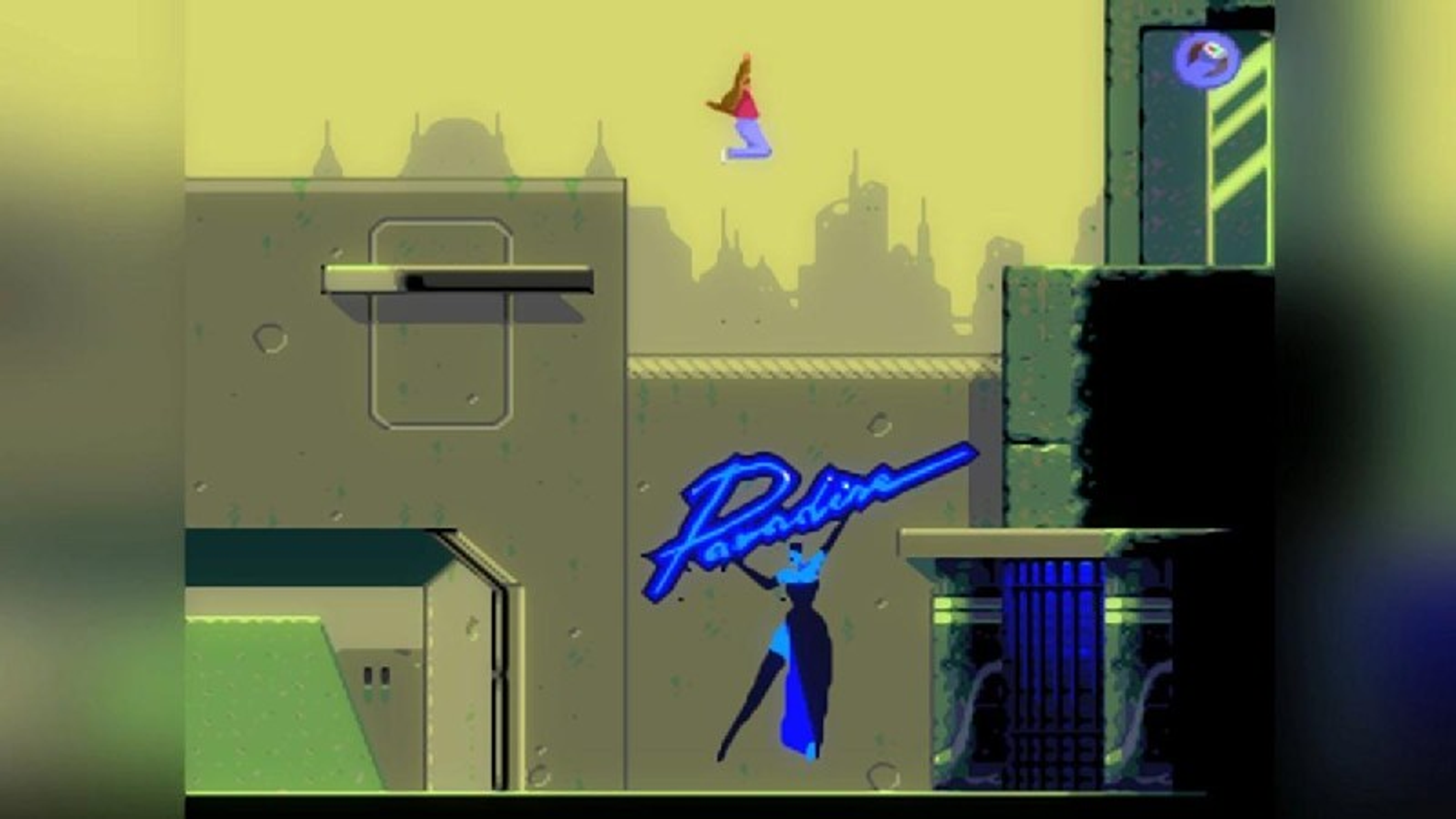 Eine Retro-Spielszene: eine Person springt vor einem Gebäude mit einem Neon-Schild mit der Aufschrift 'Paradise'.
