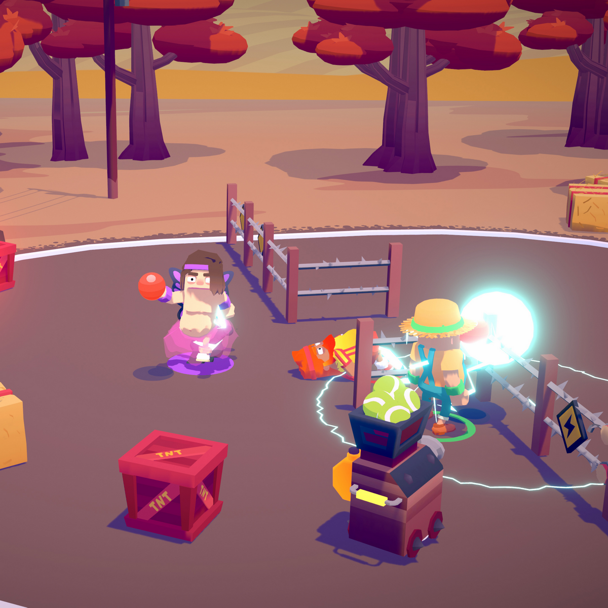 Una scena di gioco con personaggi in cerchio, casse di TNT e una palla luminosa in un parco.