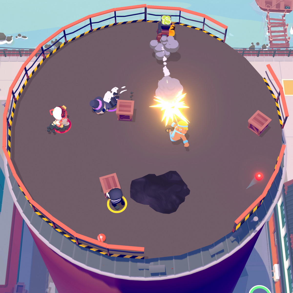 Vista dall'alto di una scena di gioco con personaggi attorno a una piattaforma circolare.