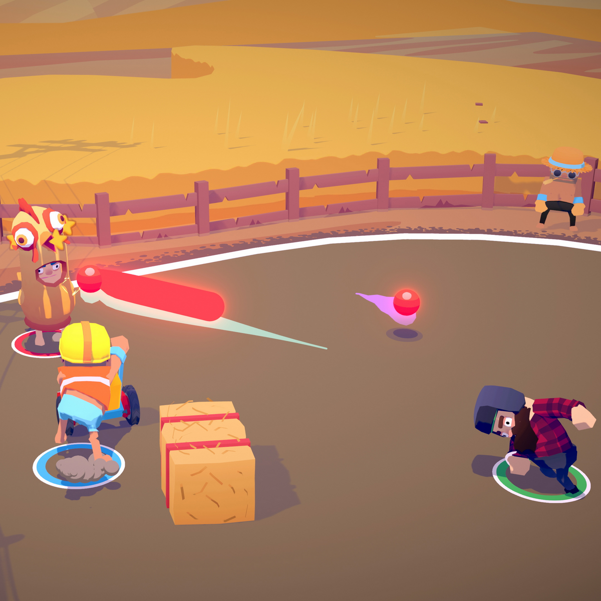 Immagine di cartoni animati. Persone in costume che giocano in un campo con balle di fieno e un indicatore rosso.