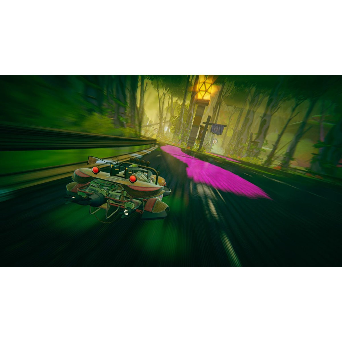 Una escena de juego de carreras con un coche en una pista rodeada de árboles y una línea rosa.