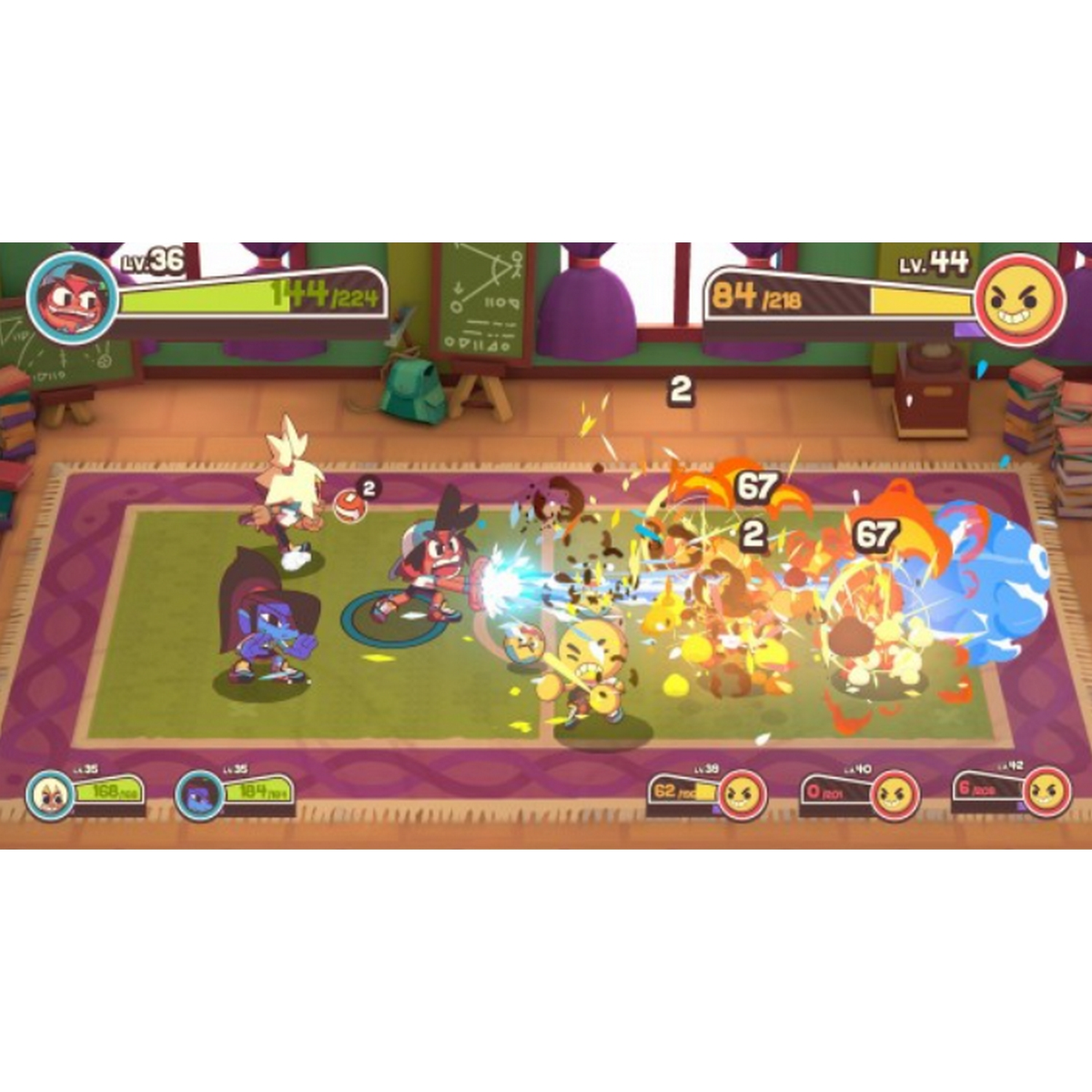 Scena di videogioco con diversi personaggi dei cartoni animati che combattono su un tappeto colorato e fantasia. Azione in corso.