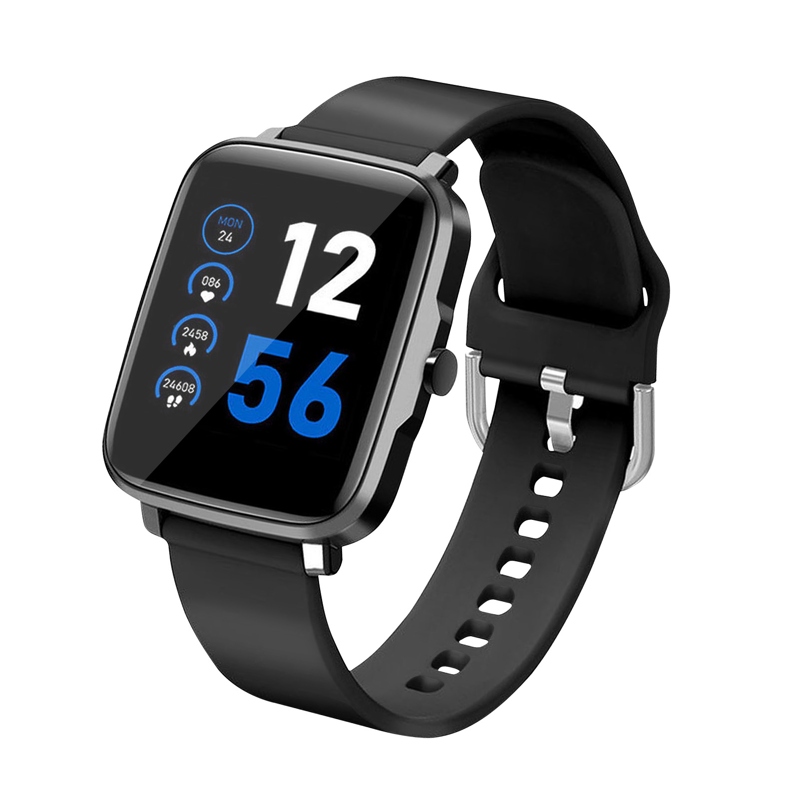 Montre connectée noire affichant l'heure, les pas et d'autres données de santé.