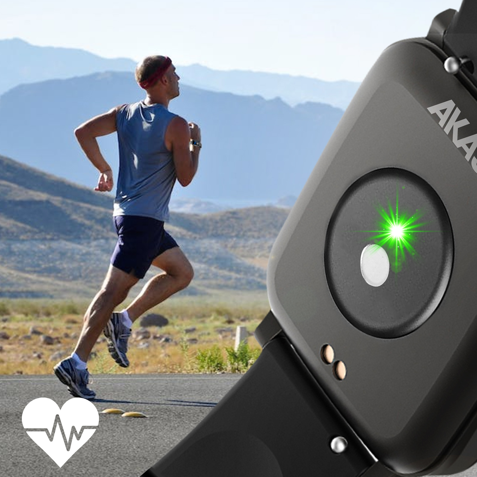 Homme courant, portant un tracker de fitness. Tracker noir avec lumière verte, montagnes en arrière-plan.